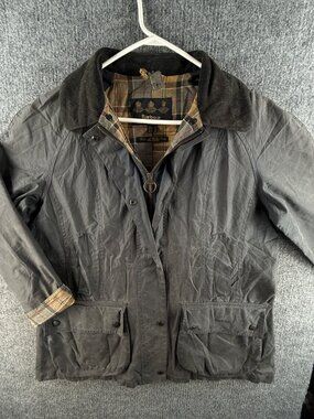 Barbour Waxed Jacket Women Zip Blue Corduroy Collar England Farm Chore USA 12